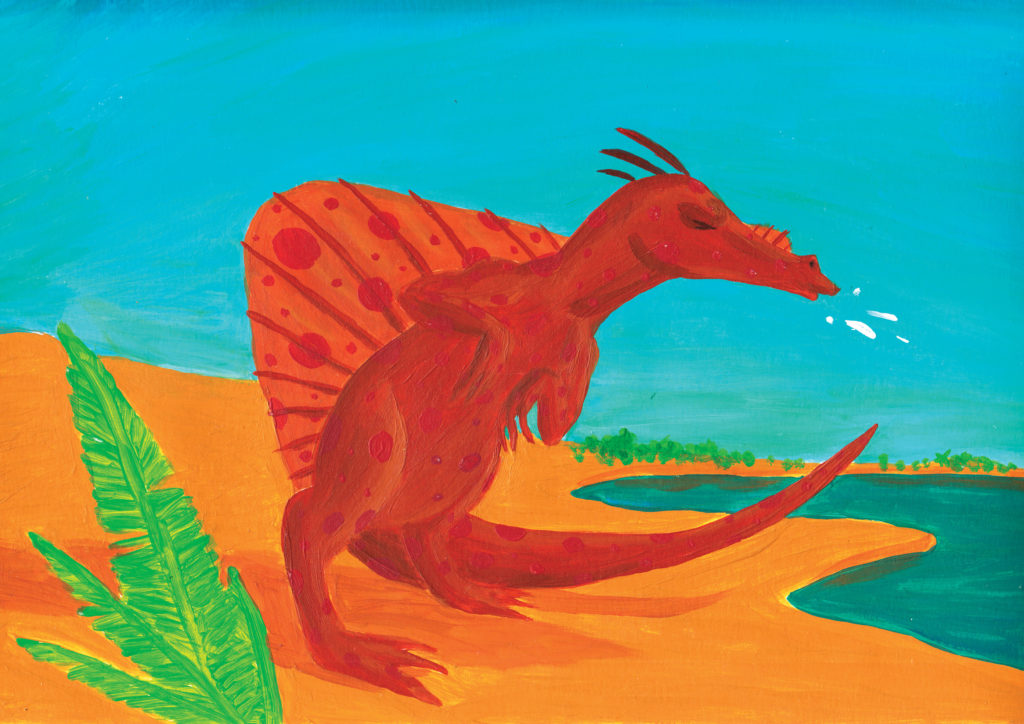 dipinto ad acrilico di un dinosauro a macchie che starnutisce